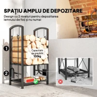 Outsunny Caseta pentru Lemne cu Set Unelte pentru Semineu in Otel Negru 40 x 30 x 74.5 cm(m-4)