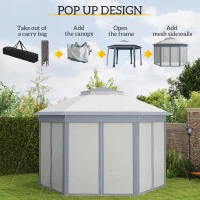 Outsunny 3 x 4m Metal Frame Hexagon Gazebo, with Curtains - Grey(m-4)