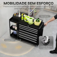 HOMCOM Carrinho de Ferramentas com 7 Gavetas Estante de 3 Níveis Removível Sistema de Fecho Central Asa 2 Rodas com Travão Preto(m-5)