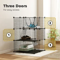 PawHut Indoor Cat Cage DIY Customizable 3-Tier Indoor Cat Enclosure with 3 Doors and Hammock 105 cm Black(m-6)
