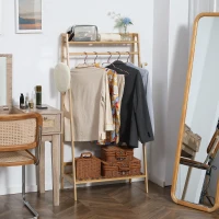 HOMCOM Bamboo Clothes Rack with 2 Shelves 2 Hooks and 1 Hanging Rail - 82 x 36.8 x 140 cm(m-2)