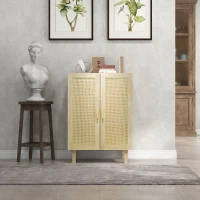 HOMCOM Tall buffet storage cabinet boho design double doors with 3 cane shelves - 73 x 41 x 102 cm(m-4)