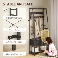 HOMCOM Coat Rack with Shoe Storage, Hall Tree, Industrial Coat Stand with Shoe Bench, 10 Removable Hooks, 2 Fabric Drawers and Clothes Rail for Entryway, Hallway, Grey(m-7)