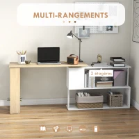 HOMCOM Bureau d'angle bureau informatique modulable bibliothèque intégrée + étagère 3 niveaux blanc et bois naturel(m-4)