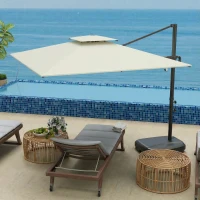 Outsunny Guarda-sol suspenso quadrado 2,5 x 2,5 m, guarda-sol de jardim exterior, Dupla cobertura, inclinável, 2 bases, manivela, Creme(m-4)