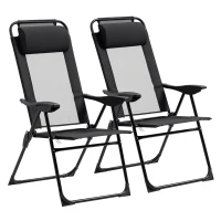 Outsunny Folding Patio Chairs Set of 2, Outdoor Deck Chair with Adjustable Sling Back, Camping Chair with Removable Headrest for Garden, Backyard, Lawn, Black(m-6)