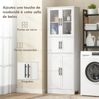 HOMCOM Meuble de salle de bain, meuble de rangement 6 niveaux, 6 portes dont 2 vitrées, étagères réglables, 60x30x170cm, blanc(m-4)