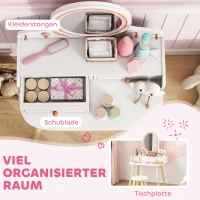 AIYAPLAY Kinder Schminktisch Set Frisiertisch mit Hocker Spiegel Schubladen Kleiderstangen für 3-8 Jahre 56 x 38 x 87,8 cm Weiß(m-5)