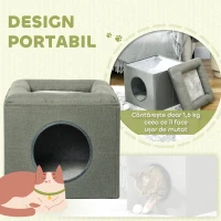 PawHut Căsuță pentru Pisici cu 2 Niveluri, cu Pernă din Pluș, din Lemn, Poliester și Plastic, 36,5x36,5x33 cm, Verde(m-6)