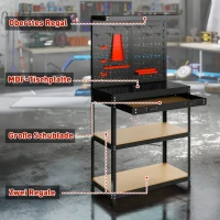 HOMCOM Werkbank 80 x 40,5 x 155 cm Werkzeugbank mit Lochwand, Haken,  Schublade, 2 Ablagen für Werkstatt Schwarz(m-4)