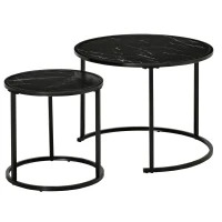 HOMCOM Set of 2 Round Nesting Stackable Coffee Tables, Marble-Effect Wooden Top and Metal Legs, Black(m-7)