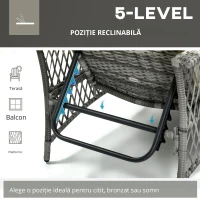 Outsunny Set din Sezlong rattan din PE si masuta de cafea, sezlong de gradina cu spatar reglabil pe 5 niveluri, 2 roti, gri(m-7)