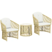 Outsunny Set de grădină exterior din rășină împletită pentru 2 persoane, masă de grădină exterioară cu 2 scaune cu perne, crem(m-1)