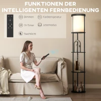 HOMCOM Stehlampe mit 3 Regalen, rundes Design, Fernbedienung, Fußschalter, verstellbare Lichtwärme, für Wohnzimmer, Schwarz(m-5)