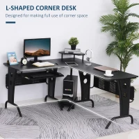 HOMCOM L-Shaped Computer Desk for PC, Corner Table for Small Spaces with Elevated Shelf, Keyboard Tray, CPU Stand, Home Office Workstation, Black(m-5)
