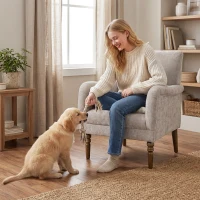 HOMCOM Poltrona Relax Estofado em Linho Apoios de Braços Elegantes Pés de Madeira Maciça Acolchoamento Espesso Cinzento(m-6)