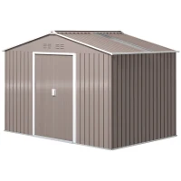 Outsunny Cobertizo de Jardín 4,9 m² 277x195x192 cm con 2 Puertas Correderas Techo de Fibra de Vidrio y 4 Ventanas Gris Claro(m-10)