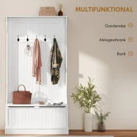 HOMCOM Garderobe mit Sitzbank, 5 Kleiderhaken, 1 Stauraum, Wandgarderobe, Weiß + Schwarz(m-4)