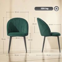 HOMCOM Lot de 2 chaises de salle à manger, chaises de cuisine rembourrées sans accoudoirs, pieds en acier, 52x55x79cm, vert(m-3)
