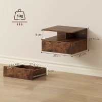 HOMCOM Set de 2 Noptiere Suspendate cu Sertar și Raft Deschis, 35x32x22.5 cm, Maro Rustic(m-3)