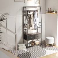 HOMCOM Coat Rack with Shoe Storage, Hall Tree, Industrial Coat Stand with Shoe Bench, 10 Removable Hooks, 2 Fabric Drawers and Clothes Rail for Entryway, Hallway, Grey(m-9)
