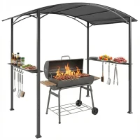 Outsunny Gazebo pentru Grătar 2.5x1.5 m, Pergolă pentru Grătar cu 2 Rafturi Laterale și Cârlige, Cadru din Oțel și Acoperiș din Poliester pentru Grădină, Gri Închis(m-10)