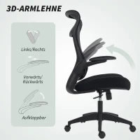 HOMCOM Ergonomischer Bürostuhl mit 3D-Armlehnen, Netzstoffrücken, S-förmige Rückenlehne, Kopfstütze, Kippfunktion, Schwarz(m-6)