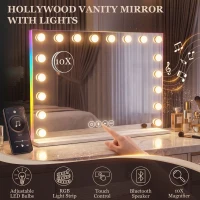 HOMCOM Hollywoodzkie lustro do makijażu z 18 regulowanymi żarówkami LED, 3 kolory, światło RGB, głośnik Bluetooth, 10-krotne powiększenie Białe(m-4)