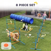 PawHut Dog Agility Equipment, 8PCS Agility Training Set with Tunnel, Weave Poles, Adjustable Hurdles, Jump Ring(m-4)