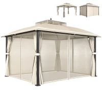 Outsunny Pérgola de Jardim 370x303x290 cm com Telhado Duplo Cortinas Laterais e Mosquiteiras Resistente à Água e Anti-UV Bege(m-10)