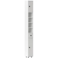 kleankin 180cm Tall Bathroom Cabinet, Slim Bathroom Storage Cabinet with 4 Open Shelves, 2 Door Cupboards and Adjustable Shelves, Light Grey(m-10)