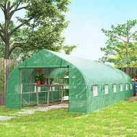 Outsunny Serre de jardin tunnel grande taille avec bâche PE cadre en acier porte enroulable et 12 fenêtres 8 x 3 x 2 m vert(m-9)