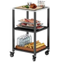 Outsunny Grillwagen 3-Etagen Grilltisch mit Edelstahl Arbeitsfläche Rollen mobiler Servierwagen 50 x 50 x 90 cm Schwarz(m-10)