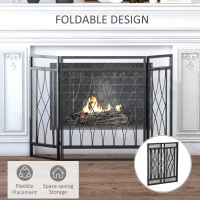 HOMCOM 3-Panel Fireplace Screen Heat Flame 126cm Metal Folding Protective Guard for Child Pet Home Spark Barrier with Mesh Pattern(m-5)