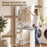 HOMCOM Mueble de Plancha con Espejo Tabla de Planchar Plegable 6 Compartimentos 2 Ganchos 107x35x174 cm Blanco(m-7)