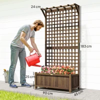 Outsunny Jardinieră Ridicată pentru Exterior cu Spalier și Bară Superioară, Jardinieră din Lemn de Brad cu Găuri de Drenaj pentru Flori și Legume, pentru Grădină și Balcon, Cafeniu Întunecat(m-3)