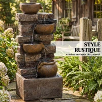 Outsunny Fontaine Extérieure avec 5 Niveaux de Pichets Rustiques et Design Roche, Cascade avec Lumières LED, Marron Rustique(m-4)