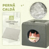 PawHut Căsuță pentru Pisici cu 2 Niveluri, cu Pernă din Pluș, din Lemn, Poliester și Plastic, 36,5x36,5x33 cm, Verde(m-5)