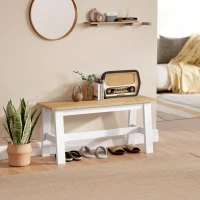 HOMCOM Sitzbank für 2, Holzbank in Eichenoptik, stabilisierende Querstange, für Wohnzimmer, Esszimmer, Flur, Kautschukholz, Weiß(m-9)