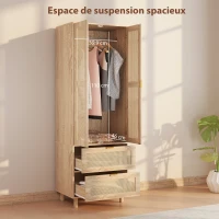 HOMCOM Armoire chambre penderie avec 2 portes en rotin, 2 tiroirs et barre de suspension, 63 x 47 x 185 cm, bois naturel(m-4)