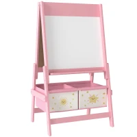 AIYAPLAY Kinder Ezel 3-in-1 Kindertafel met Krijtbord, Whiteboard, Papierrol en 2 Opbergmanden, voor 3-8 Jaar, Roze(m-1)