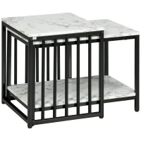 HOMCOM Set of 2 side tables nesting stackable coffee tables with marble-effect wood-look top black metal frame(m-1)