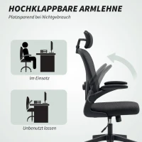 HOMCOM Bürostuhl Ergonomischer Schreibtischstuhl mit Hochklappbaren Armlehnen, Verstellbarer Lendenwirbelstütze Schwarz(m-7)
