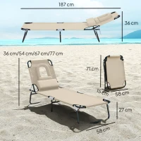 Outsunny Outdoor Foldable Sun Lounger, 4 Level Adjustable Backrest Reclining Sun Lounger Chair with Pillow and Reading Hole, Beige(m-3)