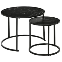 HOMCOM Set of 2 Round Nesting Stackable Coffee Tables, Marble-Effect Wooden Top and Metal Legs, Black(m-1)