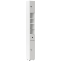 kleankin 180cm Tall Bathroom Cabinet, Slim Bathroom Storage Cabinet with 4 Open Shelves, 2 Door Cupboards and Adjustable Shelves, Light Grey