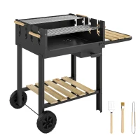 Outsunny Houtskoolbarbecue met 4 verstelbare grillhoogtes, 2 houten planken, 2 wielen, aslade, 99,5 x 58 x 82 cm(m-10)
