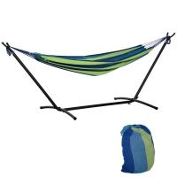 Outsunny Hamaca con Soporte 310x117 cm para Camping con Altura Ajustable y Bolsa de Transporte Carga 120 kg Rayas Verdes y Azules