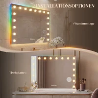 HOMCOM Hollywoodzkie lustro do makijażu z 18 regulowanymi żarówkami LED, 3 kolory, światło RGB, głośnik Bluetooth, 10-krotne powiększenie Białe(m-9)