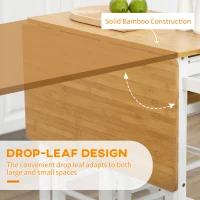 HOMCOM Kitchen Island Set with 2 Stools, Bamboo Breakfast Cart with Drop Leaf Top, Drawers and Towel Rack, Rolling Kitchen Cart and Chairs Set, White(m-4)